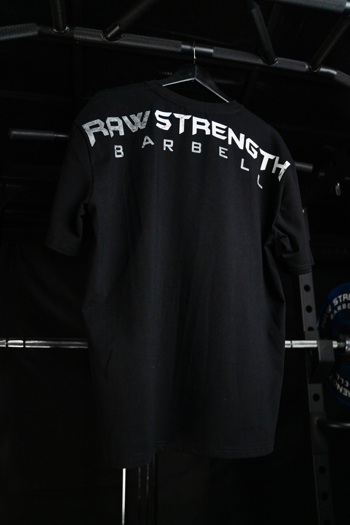 RAW STRENGTH BARBELL UNISEX PURE BLACK MARBLE FONT OVERSIZED T-SHIRT