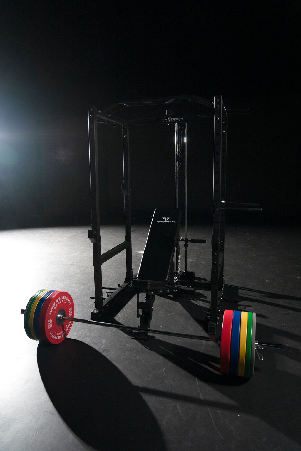 Raw Strength Barbell Ultimate Home Gym set with bumper plates, bar, bench and power rack