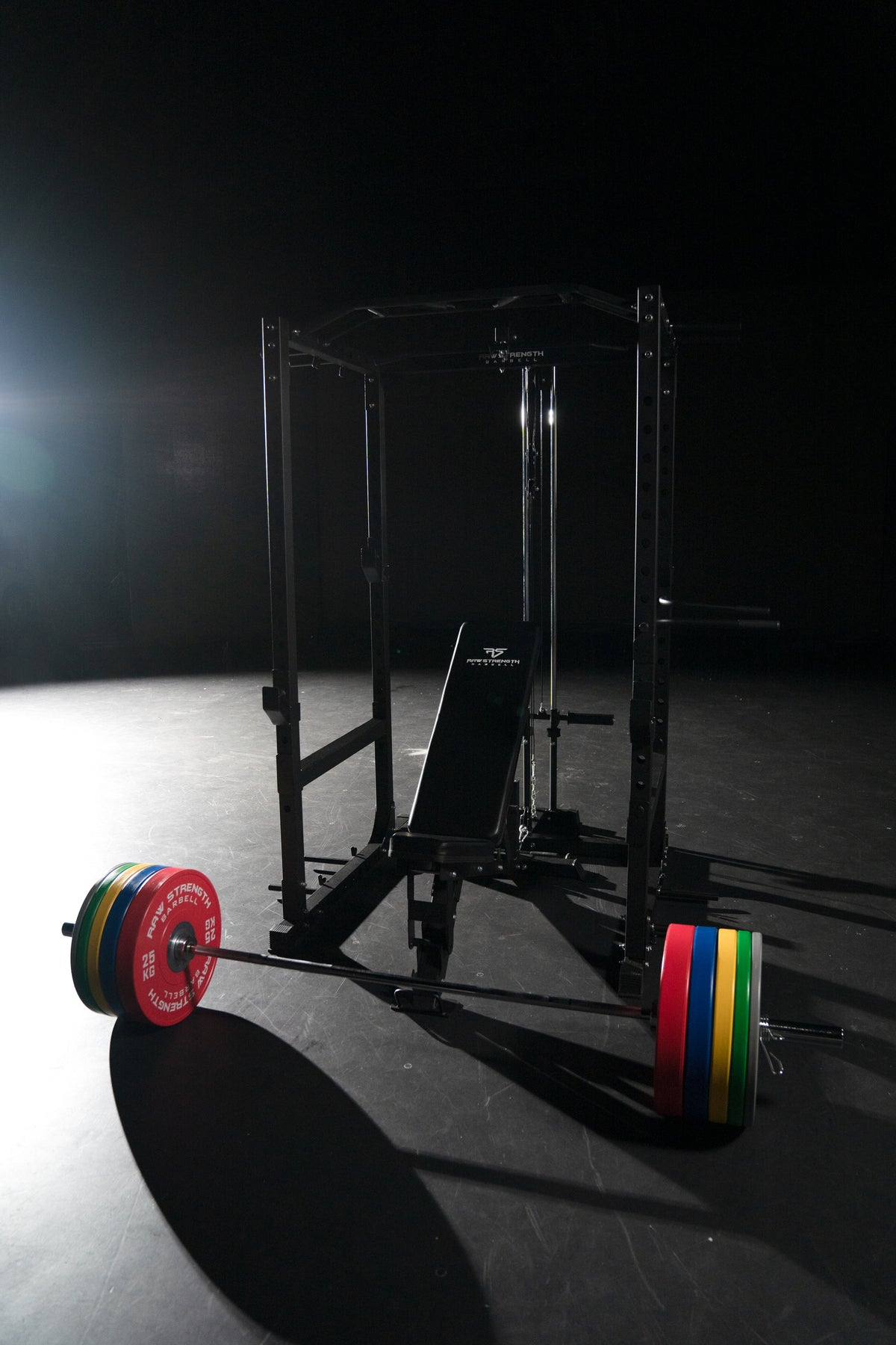 RAW STRENGTH BARBELL ULTIMATE HOME GYM BUMPER PLATE, BAR, BENCH, POWER RACK SET