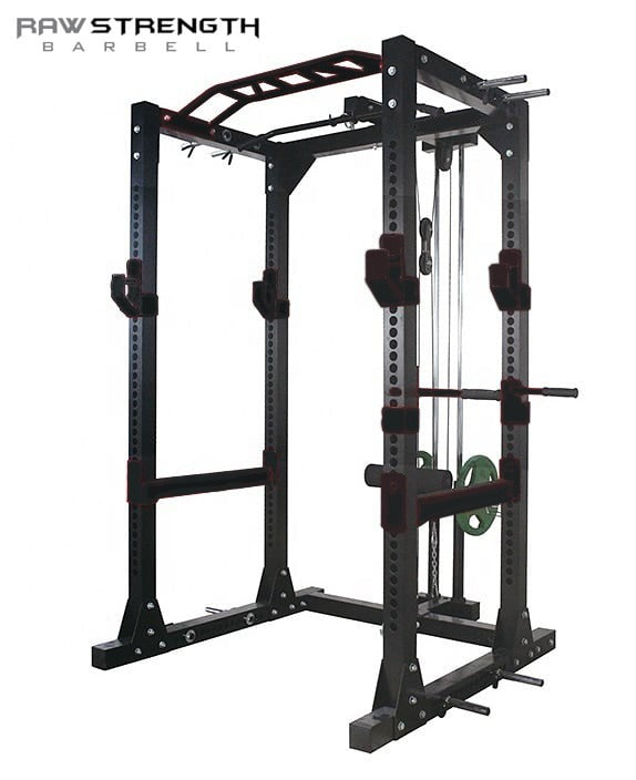 Raw Strength Barbell Power Rack Squat Cage with Dip Bar and High Low Pulley in black