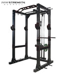 Raw Strength Barbell Power Rack Squat Cage with Dip Bar and High Low Pulley in black