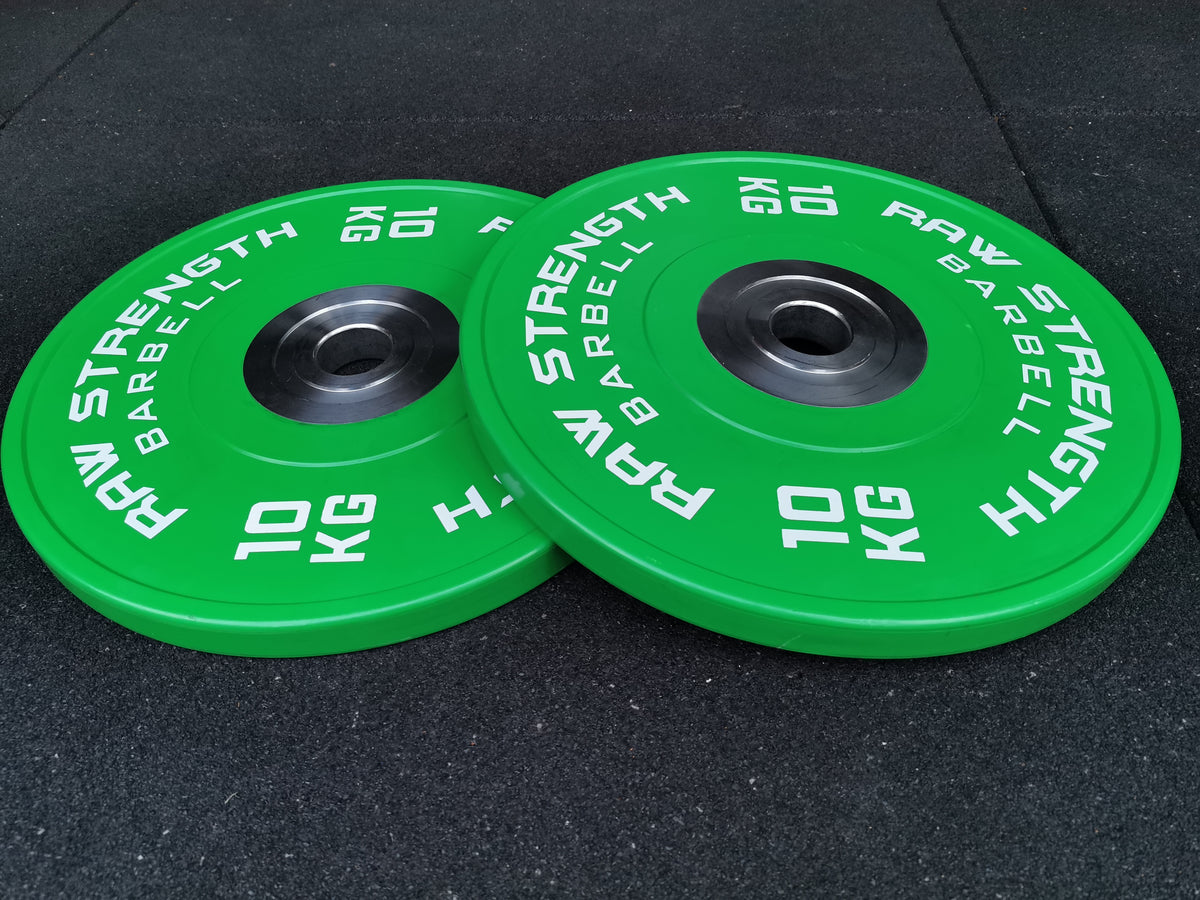 RAW STRENGTH BARBELL PREMIUM COMPETITION GREEN BUMPER PLATE 10KG (PAIR)